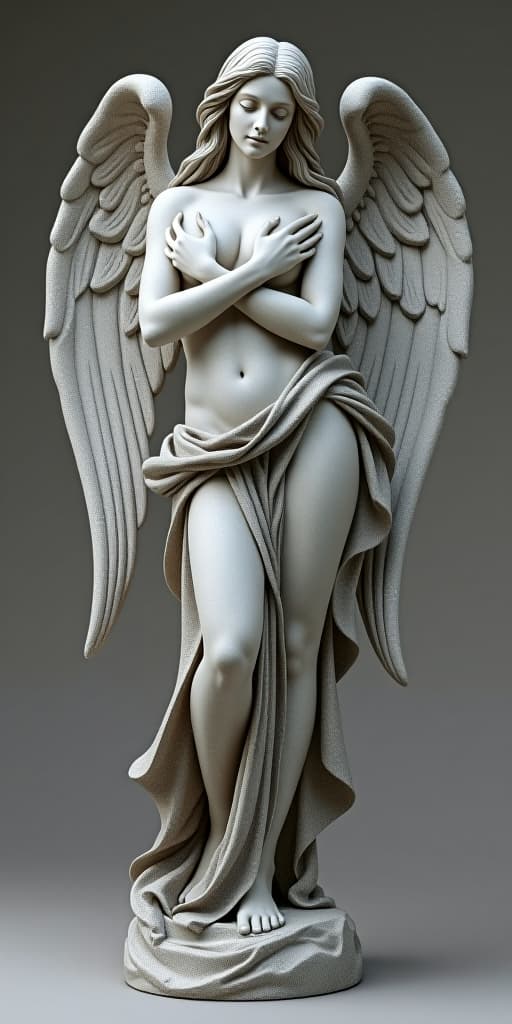  good quality, high quality, a full body stone statue of a beautiful female angel, with wings wrapping around her in an artistic way with micro derailing