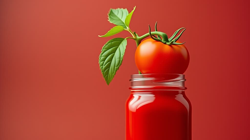  a red glass jar with a tomato plant, its ripe tomato and green leaves protruding from the jar's top