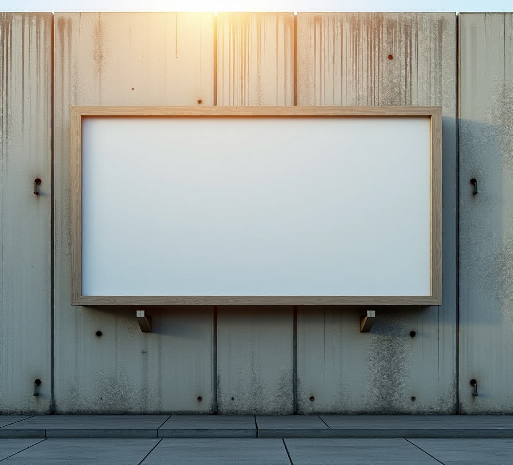  blank billboard on a weathered concrete wall with sunlight shining through.