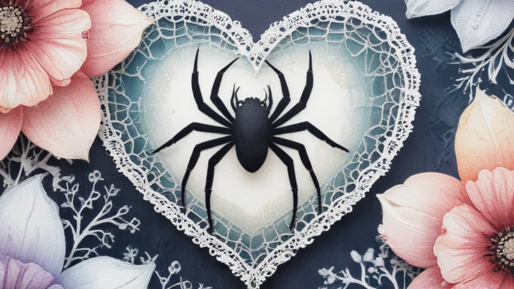 Create artwork a spider with ((8 legs)) weaves the finest white lace-web stretched between blooming flowers. lace pattern - lace heart --ar 16:9 using watercolor techniques, featuring fluid colors, subtle gradients, transparency associated with watercolor art