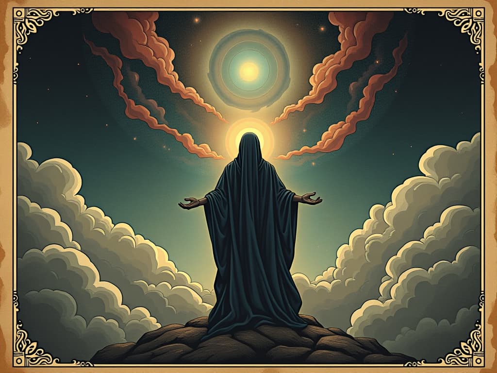  a figure seizing a cosmic moment, surrounded by nebula clouds, determined, aligned. an illustration in the style of a worn, mystical old tarot trump card, mysterious and elements of surrealism. the colors are muted, somber and eerie, but with contrast bring out an occult and esoteric vibe.