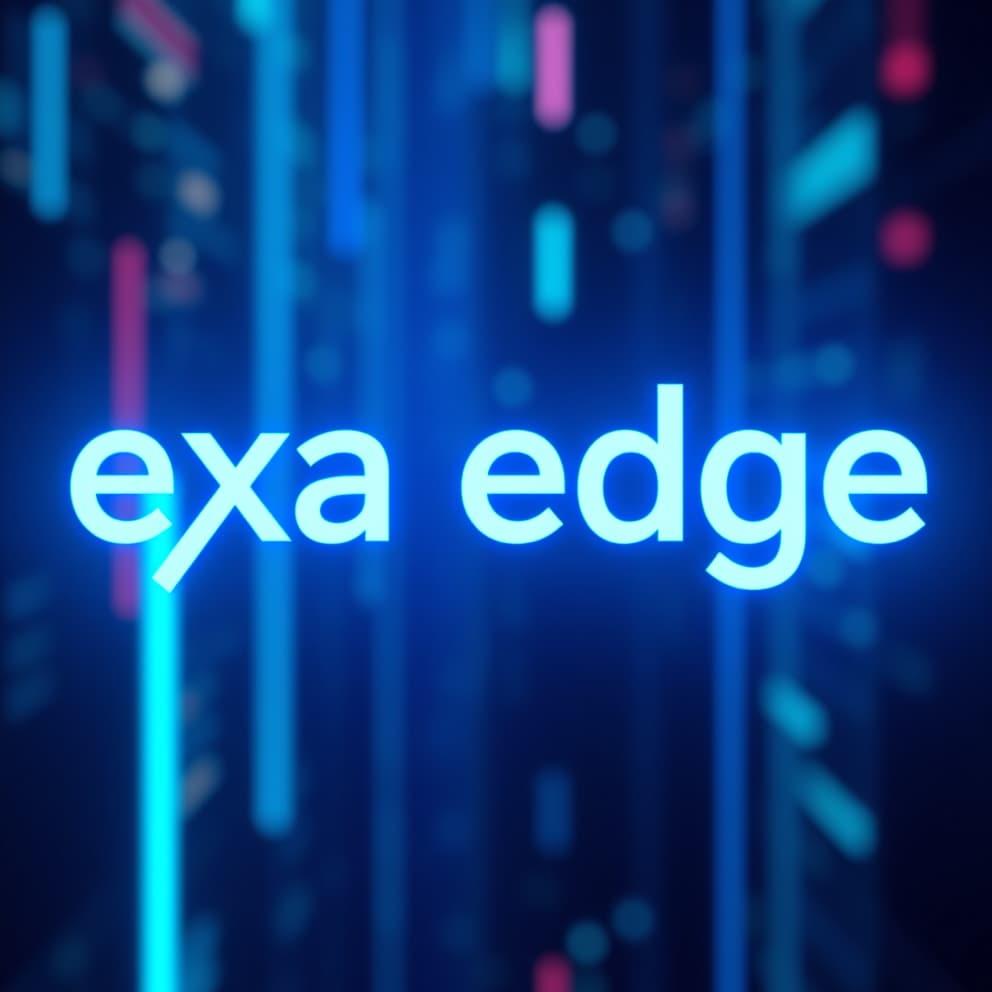  a vibrant, neon blue background with the words "exa edge" in a bold, futuristic font. the text should be rendered in a bright, almost glowing white, with subtle, pulsating light effects emanating from the edges. the overall vibe should be energetic, dynamic, and full of kinetic energy, reminiscent of a futuristic, neon lit cityscape.hyper detail, intricate details, sharp focus, high resolution, 8k, ultra detailed, vib