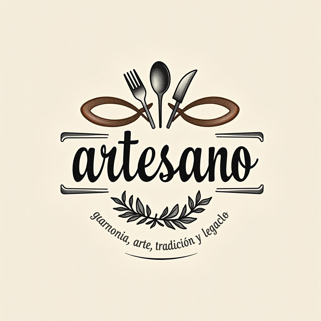  design a logo, in a pencil style. nombré de la marca “artesano” fondo con tonos claros, diseño elegante y simple con elementos de gastronomía , with the text 'gastronomía, arte, tradición y legado'.