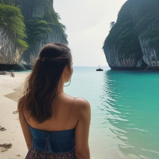 Draw a woman at maya bay in Thailand. We can see her from behind.