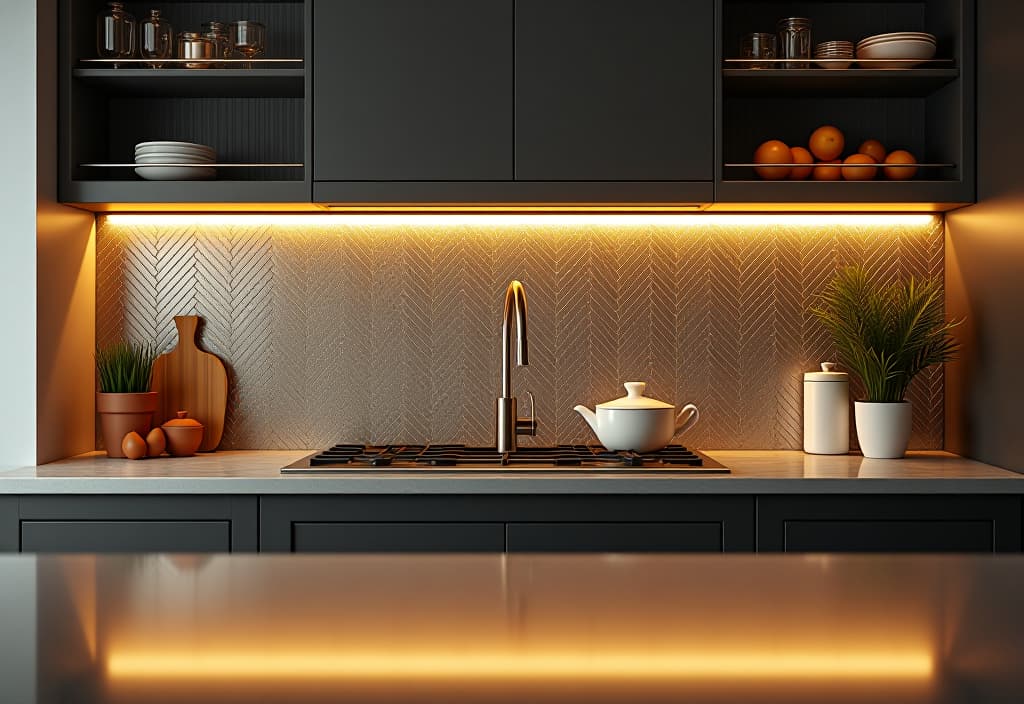  a landscape photo of an elegant kitchen scene showcasing a gleaming, metallic tile backsplash with a herringbone pattern, reflecting soft light and creating a luxurious atmosphere hyperrealistic, full body, detailed clothing, highly detailed, cinematic lighting, stunningly beautiful, intricate, sharp focus, f/1. 8, 85mm, (centered image composition), (professionally color graded), ((bright soft diffused light)), volumetric fog, trending on instagram, trending on tumblr, HDR 4K, 8K