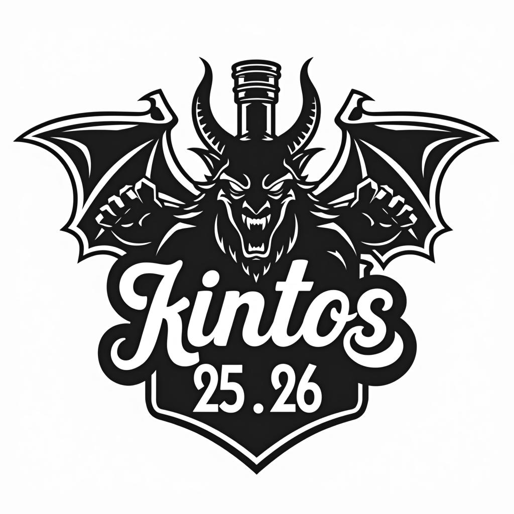  design a logo, hazme un logo, que contenga un demonio, una botella de jaguer,ron,vodka, un campanario,que sea en blanco y negro y que tenga forma de un escudo de un equipo de futbol y que tenga un letrero que ponga “kintos 25 26” solo los colores blanco y negro nada de tonos entre medio y el fondo blanco. que el demonio no tenga tanta importancia i que salgan mas botellas. solo blanco i negro, with the text 'kintos 25 26'.