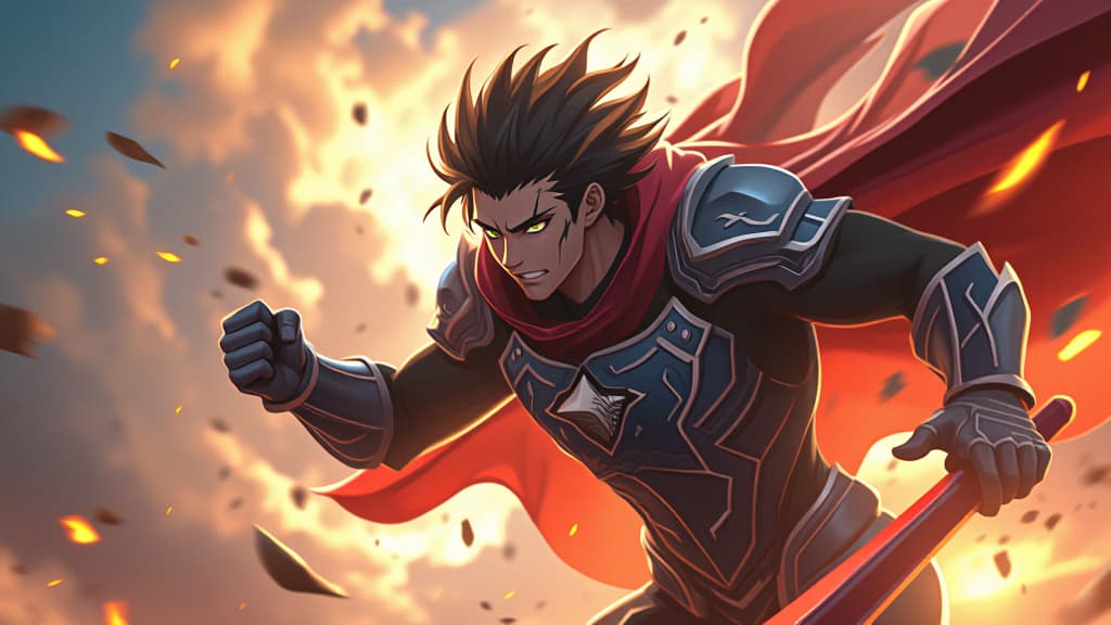  anime style thumbnail with a heroic character in a dramatic pose, bright background, and text 'epic anime battle!', high quality, high details, hd, perfect composition, 4k epic detailed, highly detailed, sharp focus, high resolution