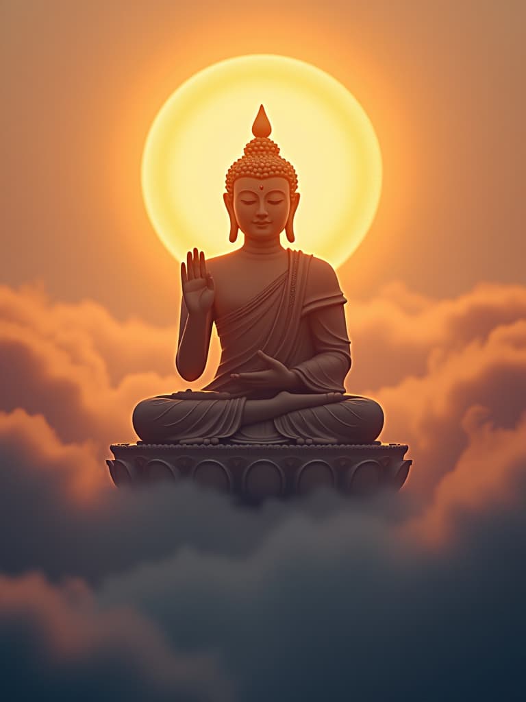  buddhas sit above clouds and seas, with their hands set in motion, with peaceful and peaceful gestures. with a layered cloud in its background, the buddha's statue has a golden lightring of flames that creates a mysterious and holy atmosphere. the image is warm and gives a sense of peace and quiet。