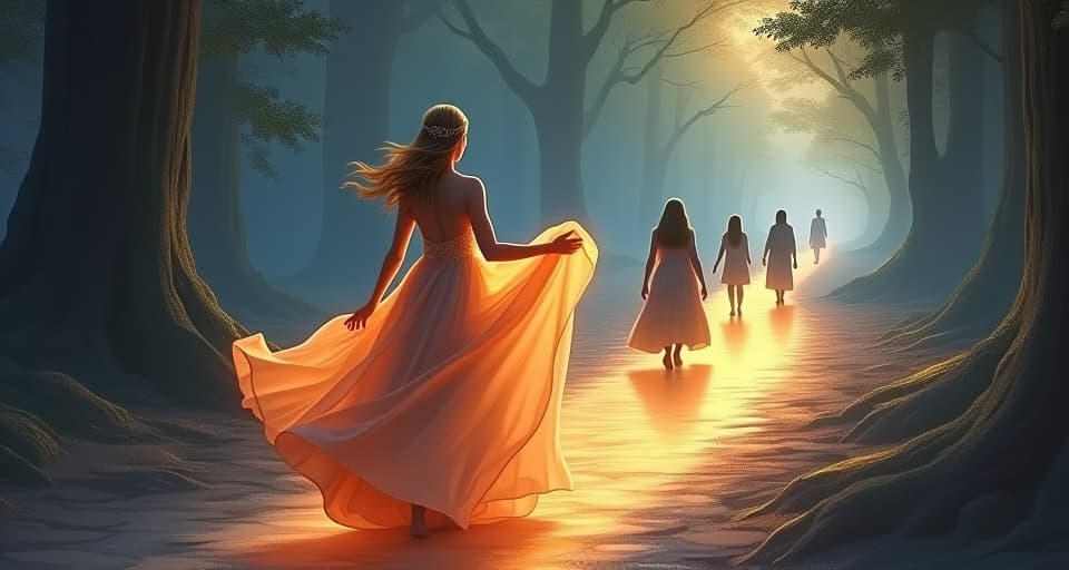  an ethereal queen in a radiant, flowing gown, walking a glowing, enchanted path. behind her, other figures begin to step onto the path, inspired by her confident, truth filled stride.. the style is digital art illustration,highly detailed, whimsical,magical, dreamlike atmosphere, realism and fantasy blend, smooth, glossy textures,luminous quality, wonder and enchantment.