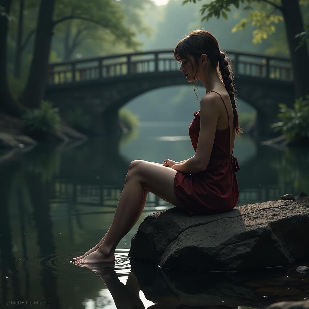  hyperrealistic art a is sitting on a rock with her s bared background: pond, darkness, bridge . extremely high resolution details, photographic, realism pushed to extreme, fine texture, incredibly lifelike