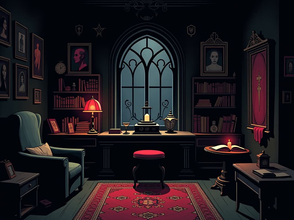  darkened room, filled with sorrow laden mementos, dim light casting eerie shadows, items with sense of history. the style is digital art illustration / modern comic book / graphic dark novel fantasy and mysterious occult, symbolic, moody lighting, esoteric vibe,high detail on character design. for the color scheme emphasize blacks and reds.