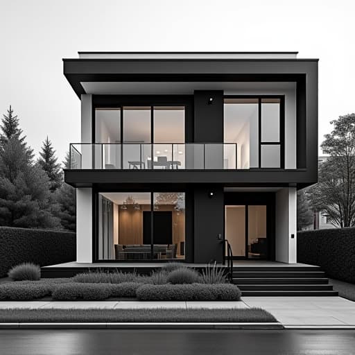  a modern urban house exterior featuring a sharp black and white color scheme, with sleek lines, large glass windows, minimalist landscaping, and industrial chic accents, creating a sophisticated and high contrast look.