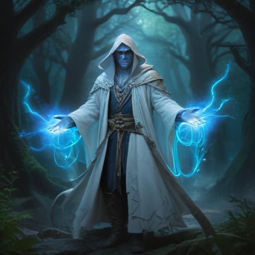 The Blue-Eyed White Wizard stands in a mystical forest, surrounded by glowing orbs of light. His flowing white robes billow around him as he raises his staff, crackling with dark energy. His piercing blue eyes shine with power as he summons a dark storm overhead, casting an ominous shadow over the landscape. The air crackles with magic as the wizard prepares to unleash his dark elemental powers upon his enemies. fantastical creatures or characters inspired by mythology, folklore, or popular culture. use vibrant colors, sharp lines, intricate details, dynamic poses, dramatic lighting, atmospheric backgrounds, and blend anime, manga, and Western comic influences.