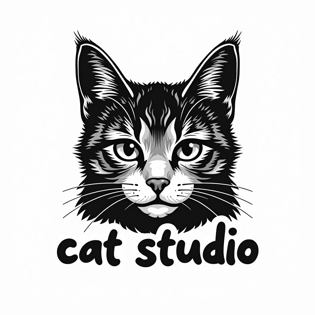  cat, text 'cat studio', (logo:1.15), black and white, hq, hightly detailed, 4k