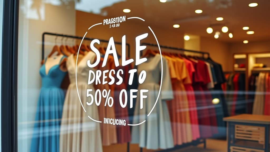  dresses 50% off sale promotion sign on glass window door of retail women clothing store exterior view storefront. special discount price offer, summer promo advertising marketing