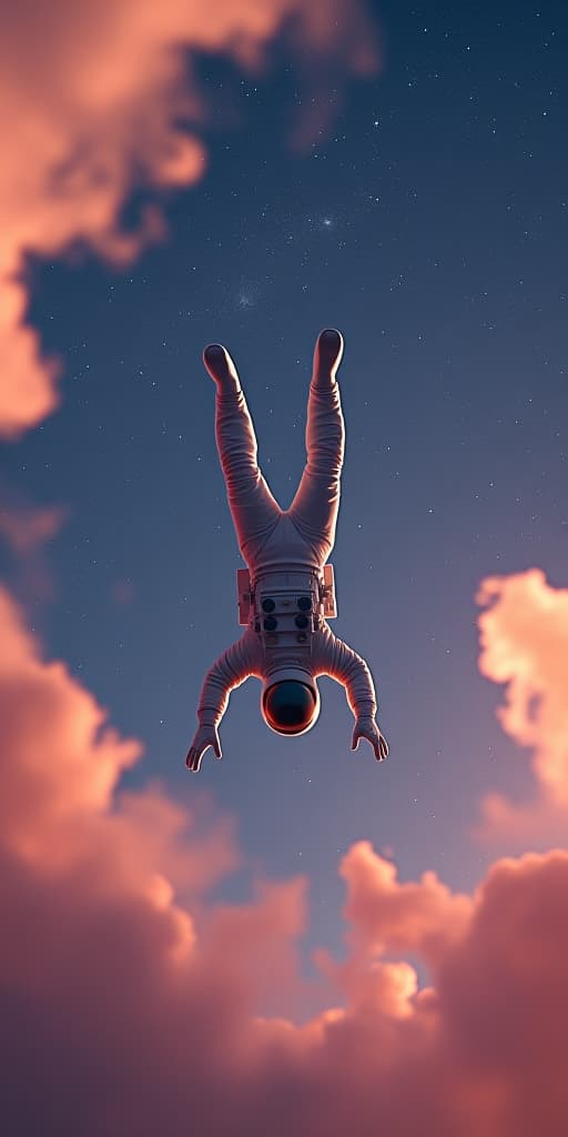  a lone astronaut, inverted and floating in a relaxed pose, drifting in a surreal cosmic space. the background is a vast cosmic space filled with stars, replacing the normal sky. the scene features soft, swirling cosmic clouds painted in a mix of warm orange and pink hues against a deep blue and purple starry backdrop. the astronaut's suit is detailed, with a reflective helmet, and the pose conveys a sense of weightlessness and tranquility. the entire scene has a dreamy, otherworldly atmosphere with soft, ethereal lighting and a sense of infinite space