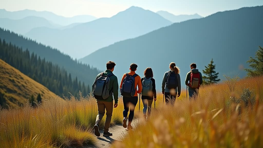  group of friends hiking through scenic landscape on sunny day, enjoying adventure and nature together