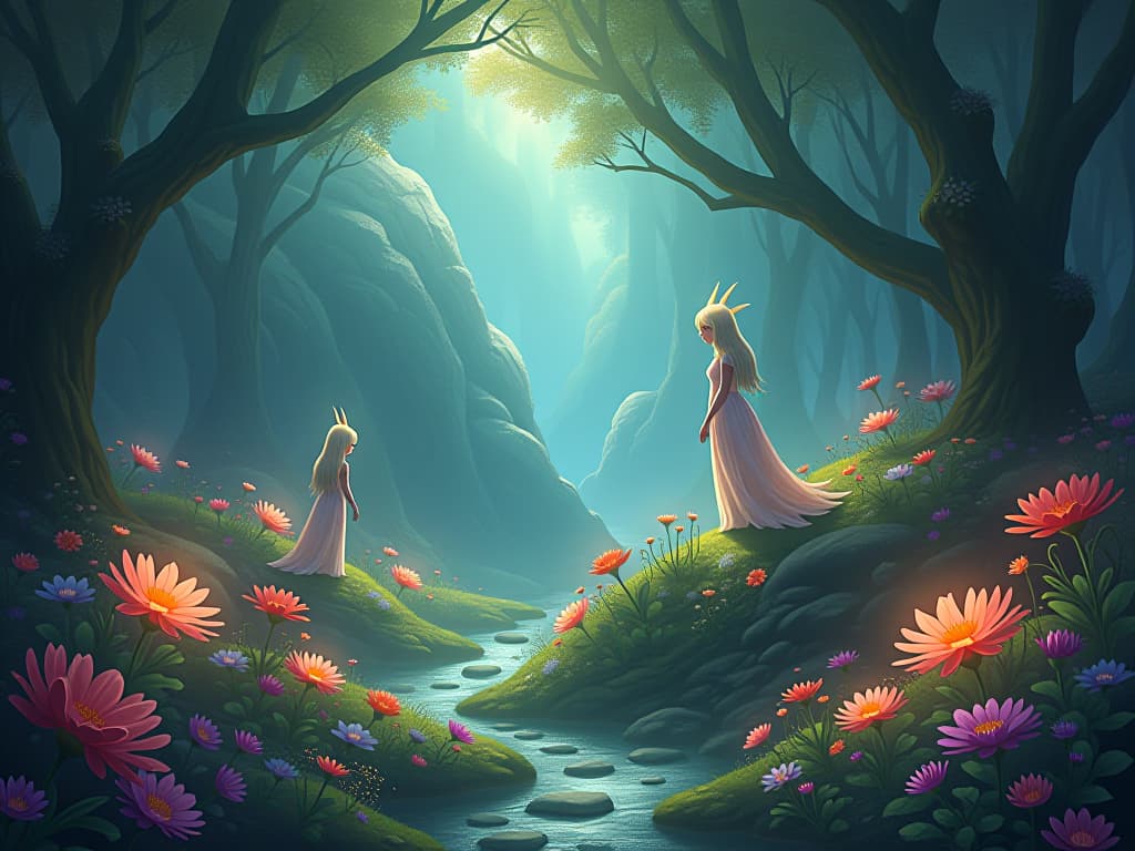  an ethereal sanctuary with glowing flora, mystical beings, serene ambiance, softly glowing light, ethereal essence. the style is digital art illustration,highly detailed, whimsical,magical, dreamlike atmosphere, realism and fantasy blend, smooth, glossy textures,luminous quality, wonder and enchantment.