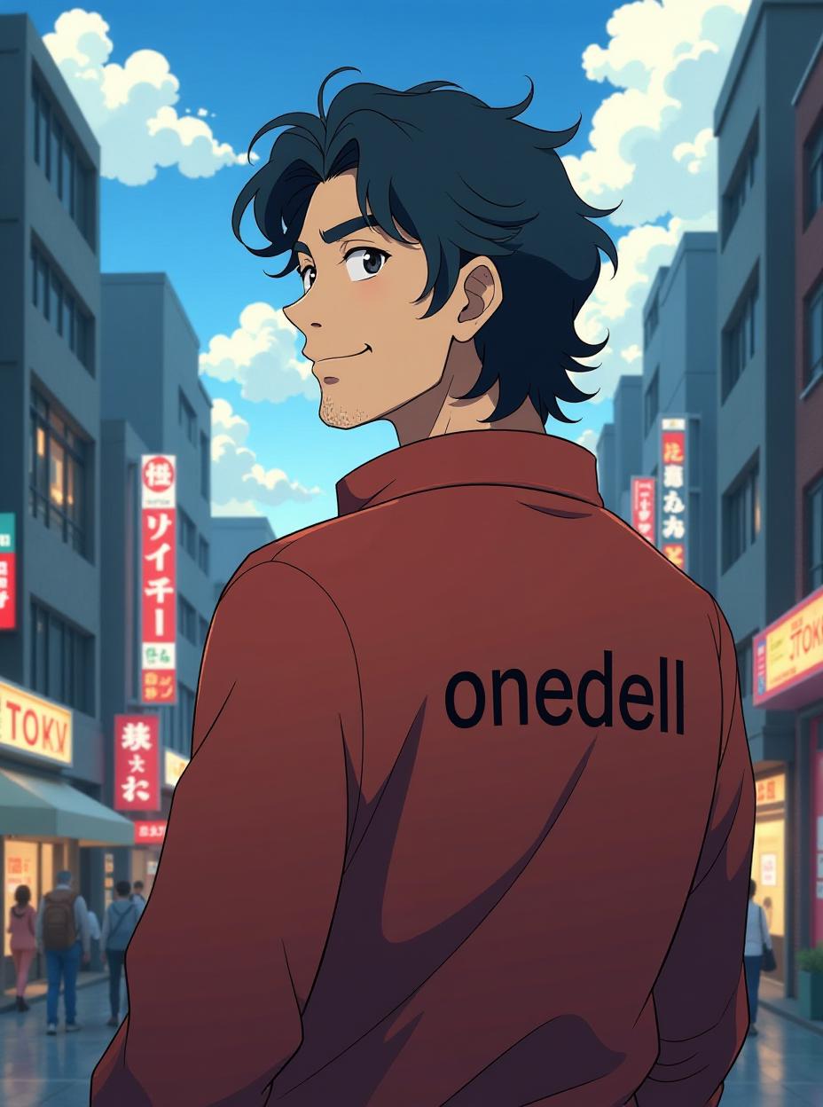  anime, anime sytle, anime image, cartoon, real cartoon, real anime, create a half body shot picture of a studio ghibli character who is looking backwards into the camera. he is smiling. his background is a city landscape of tokyo. make it feel cozy. use the profile of the person in the image attached. make the character mature, slightly chubby, with long slightly curly hair, and a stubble. write "onedell" on his the back of his clothes with this exact writing. make sure that it is readable. make the colors stand out for the character.