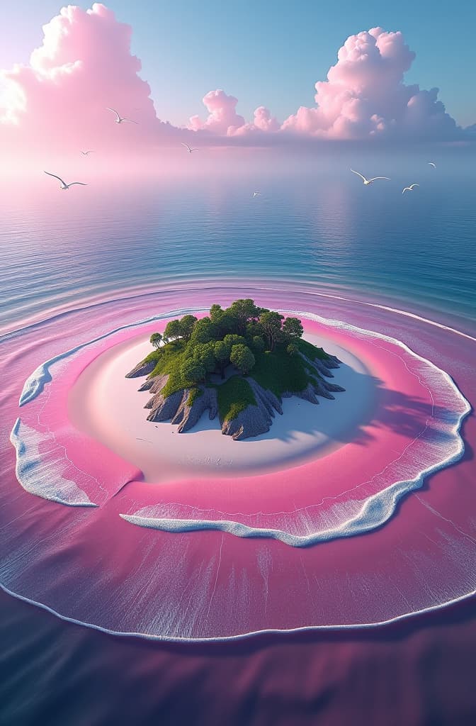  una isla mágica en medio de un mar de un vibrante color rosa, con olas que parecen estar hechas de pequeños destellos de luz. la arena de la playa es de un blanco resplandeciente, con granos que brillan como diamantes. en el centro de la isla, hay una exuberante selva con árboles de hojas en tonos morados y azules, y flores que emiten una suave luz dorada. alrededor de la isla, hay pequeños islotes flotantes con cascadas de agua cristalina que caen al mar rosa, creando arcoíris en el aire. el cielo es de un suave tono lila, salpicado de estrellas que parpadean con un resplandor mágico. en la distancia, puedes ver algunas criaturas míticas, como unicornios y aves exóticas, que vuelan alrededor y dejan estelas de colores brillantes e hyperrealistic, full body, detailed clothing, highly detailed, cinematic lighting, stunningly beautiful, intricate, sharp focus, f/1. 8, 85mm, (centered image composition), (professionally color graded), ((bright soft diffused light)), volumetric fog, trending on instagram, trending on tumblr, HDR 4K, 8K