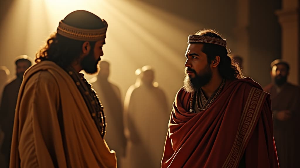  history of biblical times, naaman expressing concern to elisha about having to still worship rimon due to his responsibilities. hyperrealistic, full body, detailed clothing, highly detailed, cinematic lighting, stunningly beautiful, intricate, sharp focus, f/1. 8, 85mm, (centered image composition), (professionally color graded), ((bright soft diffused light)), volumetric fog, trending on instagram, trending on tumblr, HDR 4K, 8K