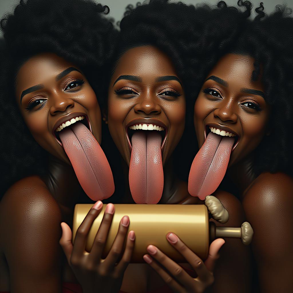  three beautiful black women sticking their large flat tongues fully out, covered in sweat, holding a tan colored cylinder with a mushroom at the end, award winning, professional, highly detailed, masterpiece