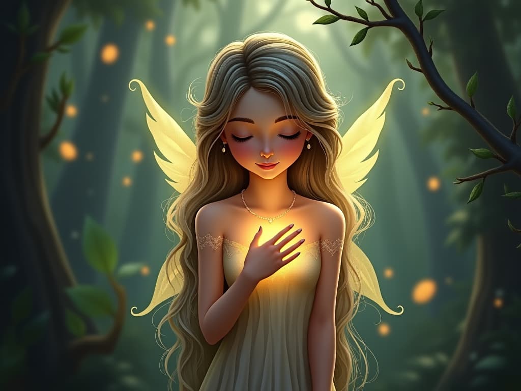  a gentle, glowing fairy with closed eyes, listening to the forest with a hand over her heart. tender, serene, intuitive.. the style is digital art illustration,highly detailed, whimsical,magical, dreamlike atmosphere, realism and fantasy blend, smooth, glossy textures,luminous quality, wonder and enchantment.