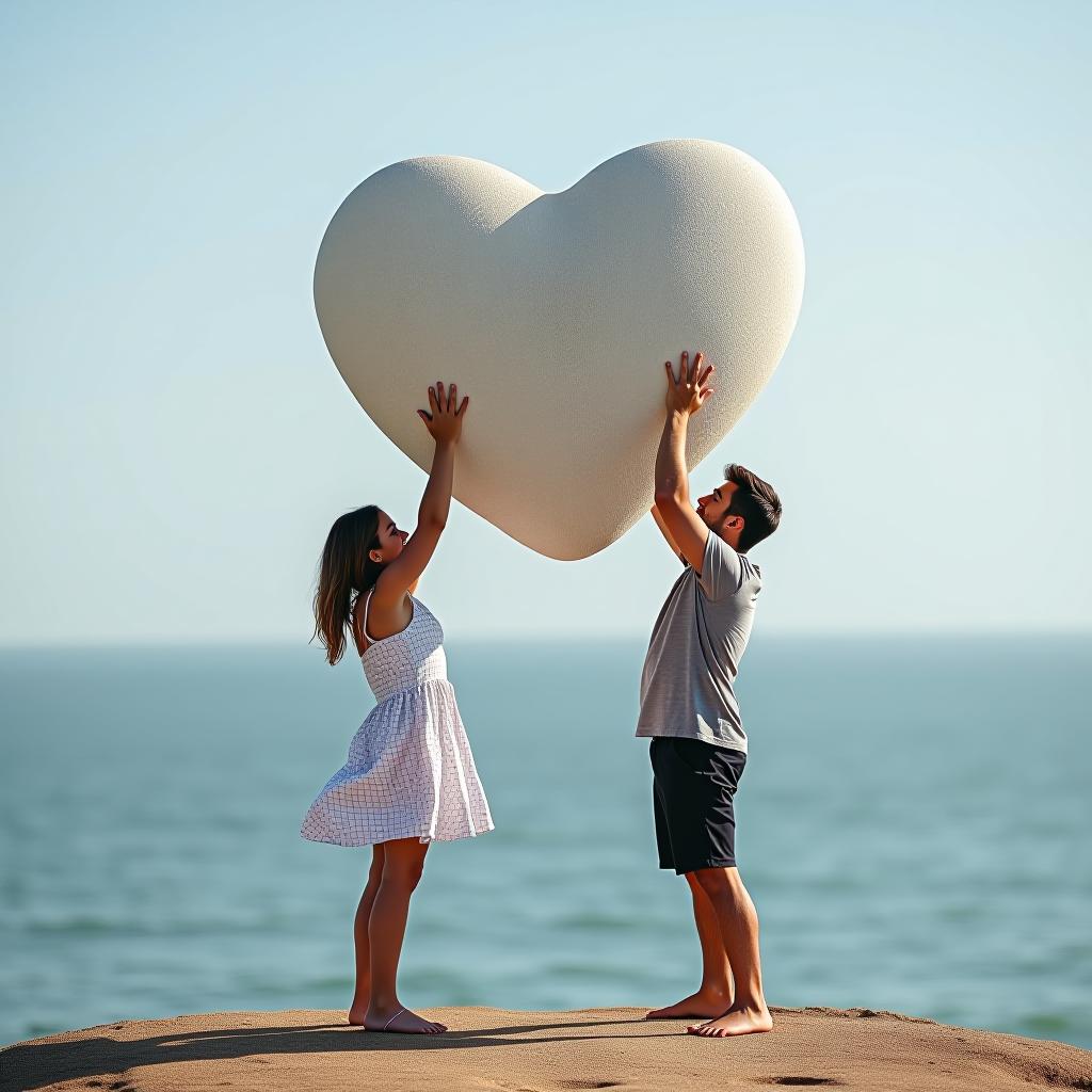  girls and a man hold a huge white heart shaped stone above themselves against the backdrop of the sea.