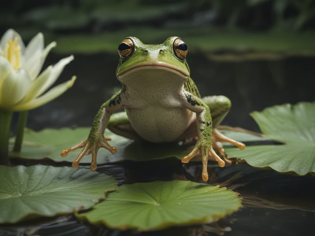 ultra realistic ((ultra realistic ((a frog leaping gracefully from one lily pad to another)))) hyperrealistic, full body, detailed clothing, highly detailed, cinematic lighting, stunningly beautiful, intricate, sharp focus, f/1. 8, 85mm, (centered image composition), (professionally color graded), ((bright soft diffused light)), volumetric fog, trending on instagram, trending on tumblr, HDR 4K, 8K