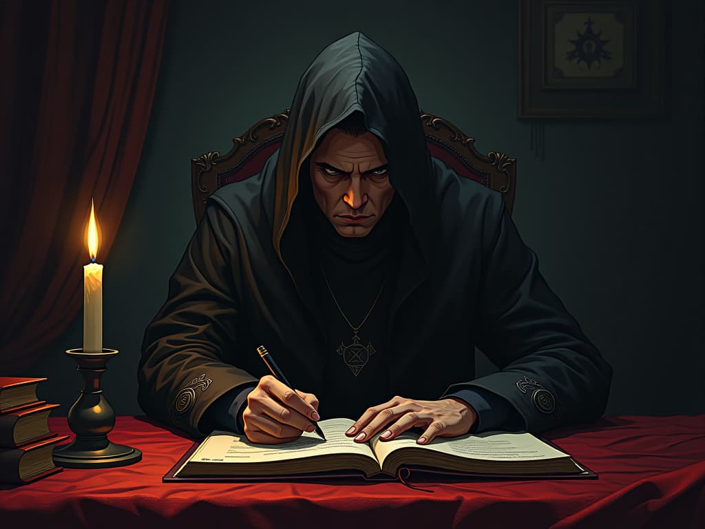  figure sitting at a desk with a journal, crossed out goals and rewritten plans, expression of deep thought, dim room lit by a single candle.. the style is dark fantasy and mysterious occult, symbolic, moody lighting, esoteric vibe,high detail on character design. for the color scheme emphasize blacks and reds.