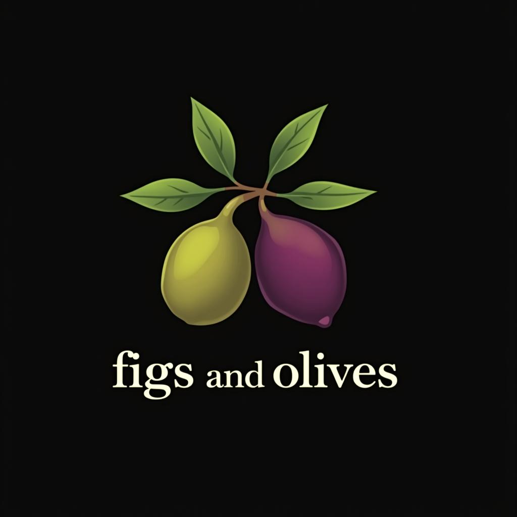  design a logo, fig leaf and olives, black background, with the text 'figs and olives'.