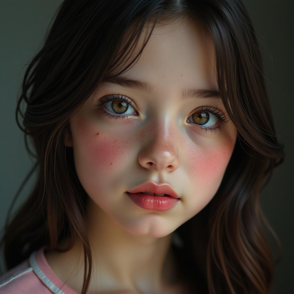  a girl with brown eyes, a round face shape, with a few pimples on her cheek. her lips are crimson and full. she has dark brown hair. hyperrealistic, full body, detailed clothing, highly detailed, cinematic lighting, stunningly beautiful, intricate, sharp focus, f/1. 8, 85mm, (centered image composition), (professionally color graded), ((bright soft diffused light)), volumetric fog, trending on instagram, trending on tumblr, HDR 4K, 8K