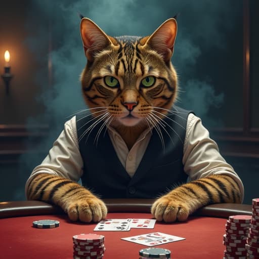  amidst the smoky haze of a dimly lit underground poker den, hemuletest, the anthropomorphic light brown tabby cat with piercing green eyes and impeccable style, sits confidently at the poker table. his edgy aura radiates rebellion and toughness, matching his striped fur of brown, black, and grey hues. hemuletest's charismatic presence is palpable as he eyes his opponent, andrew tate, with a sly grin. andrew tate, with his distinct features accurately depicted, exudes a competitive energy that mirrors hemuletest's own. the scene captures a moment of high stakes tension, with cards scattered across the table and a palpable sense of anticipation in the air. the watercolor style lends a dynamic and expressive hyperrealistic, full body, detailed clothing, highly detailed, cinematic lighting, stunningly beautiful, intricate, sharp focus, f/1. 8, 85mm, (centered image composition), (professionally color graded), ((bright soft diffused light)), volumetric fog, trending on instagram, trending on tumblr, HDR 4K, 8K