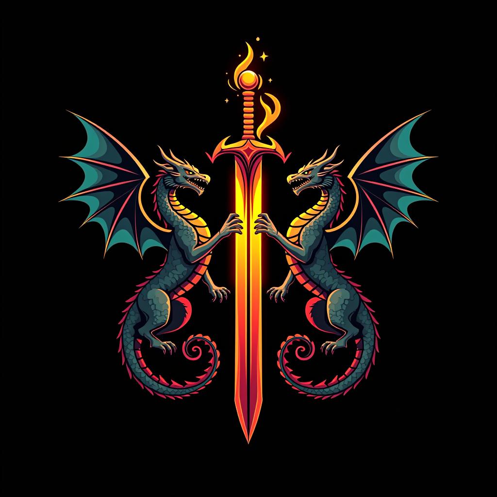  design a logo, custom sticker design on an isolated black background decorated by mythical dragons and a flaming sword