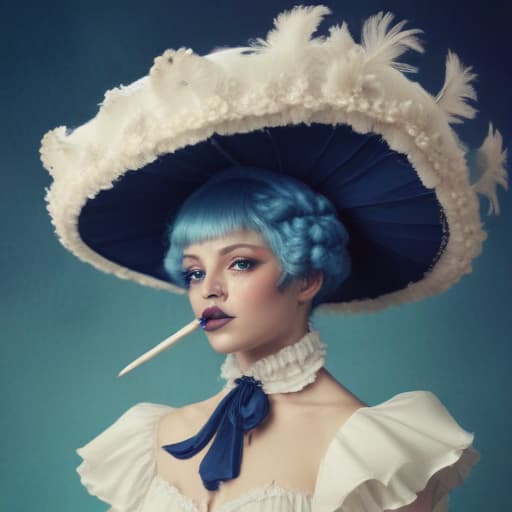 Rainbow twink man in lady wig makeup Cupid’s bow lipstick cowboy top hat and headdress tuxedo with spur whore Elizabethan collar wand parasol peacock dress, cyanotype, blue and white, 1900's, oldstyle, concept art, digital painting, artstation, big strokes, ultra detailed, high quality