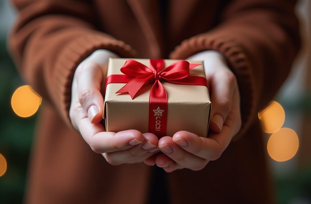  close up of woman's hands holding new year's gift, blurred background with bokeh behind {prompt}, maximum details