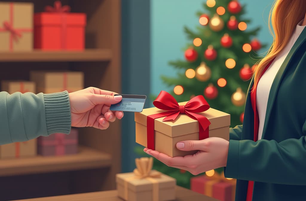  illustration. in a store, a hand in a knitted sweater hands a bank card to a salesperson, and the salesperson's hand holds a new year's gift in a craft package tied with a red ribbon, in the background there is a blurred new year's tree with lights {prompt}, maximum details