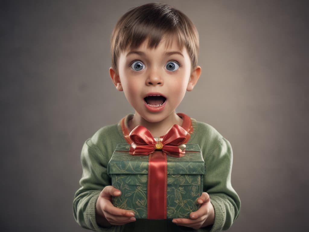 ultra realistic ((ultra realistic ((a child holding a gift box with a surprised expression)))) hyperrealistic, full body, detailed clothing, highly detailed, cinematic lighting, stunningly beautiful, intricate, sharp focus, f/1. 8, 85mm, (centered image composition), (professionally color graded), ((bright soft diffused light)), volumetric fog, trending on instagram, trending on tumblr, HDR 4K, 8K