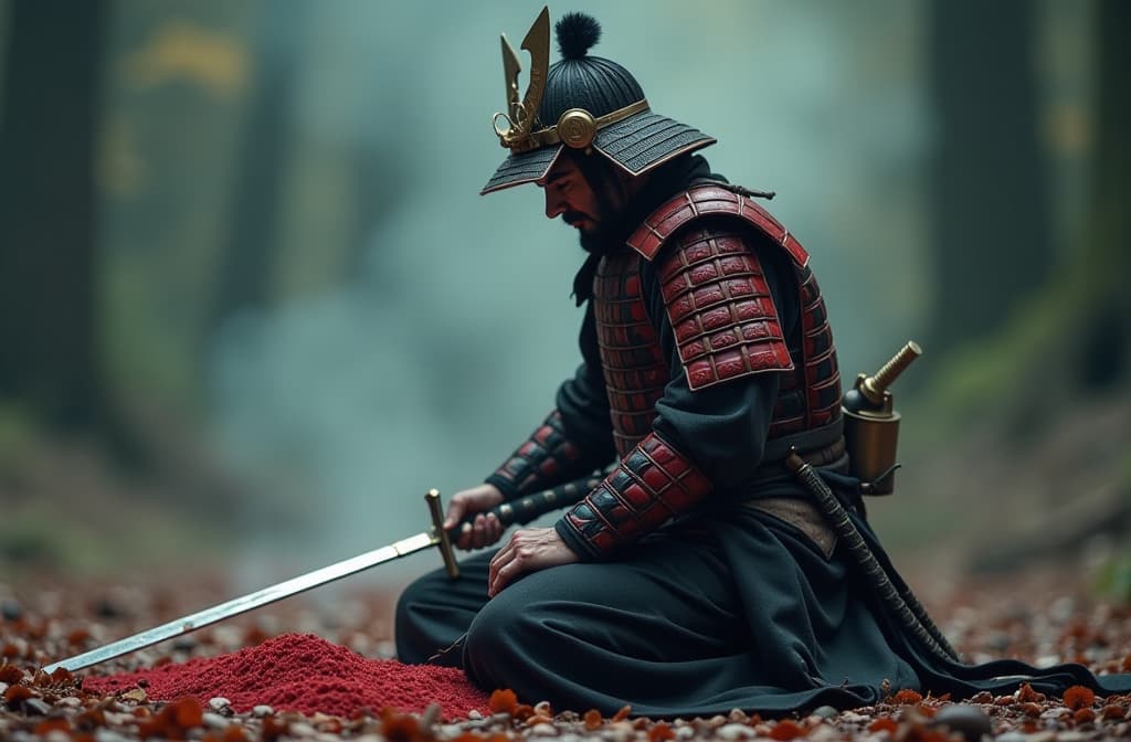  samurai seppuku hyperrealistic, full body, detailed clothing, highly detailed, cinematic lighting, stunningly beautiful, intricate, sharp focus, f/1. 8, 85mm, (centered image composition), (professionally color graded), ((bright soft diffused light)), volumetric fog, trending on instagram, trending on tumblr, HDR 4K, 8K