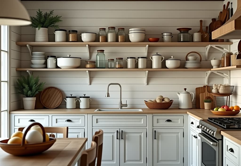  a landscape photo of a rustic farmhouse kitchen with distressed white ladder shelves leaning against a shiplap wall, filled with vintage enamelware and mason jars, photographed from a wide angle hyperrealistic, full body, detailed clothing, highly detailed, cinematic lighting, stunningly beautiful, intricate, sharp focus, f/1. 8, 85mm, (centered image composition), (professionally color graded), ((bright soft diffused light)), volumetric fog, trending on instagram, trending on tumblr, HDR 4K, 8K