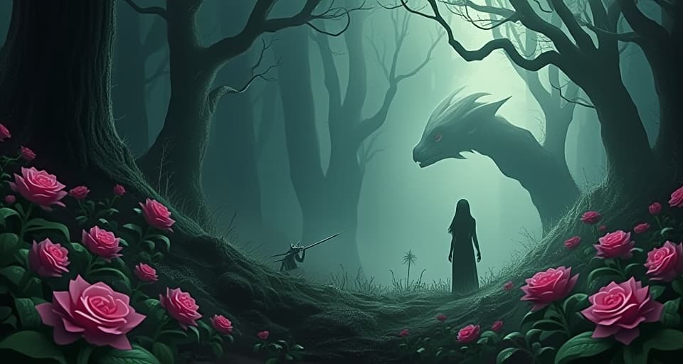  wilted dark flowers, ominous forest, forlorn magical creatures, reaping consequences. the style is digital art illustration,highly detailed, whimsical,magical, dreamlike atmosphere, realism and fantasy blend, smooth, glossy textures,luminous quality, wonder and enchantment.