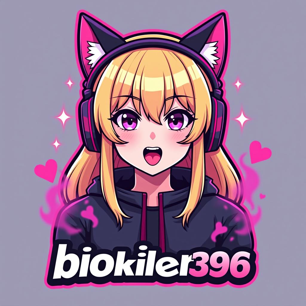  design a logo, gamer girl with cat ears blonde hair with her tongue out with smoke and pink lights, with the text 'biokiller396'.