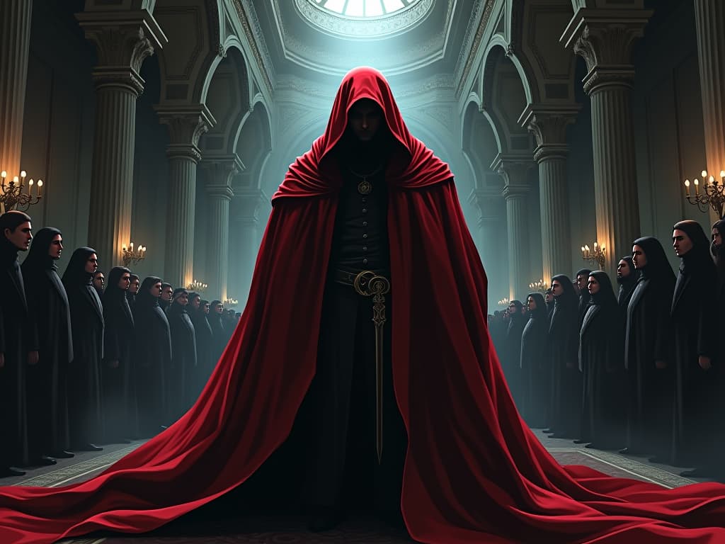  fallen noble in red cloak, shamed expression, grand hall filled with onlookers, whispers of lost reputation. the style is digital art illustration / modern comic book / graphic dark novel fantasy and mysterious occult, symbolic, moody lighting, esoteric vibe,high detail on character design. for the color scheme emphasize blacks and reds.