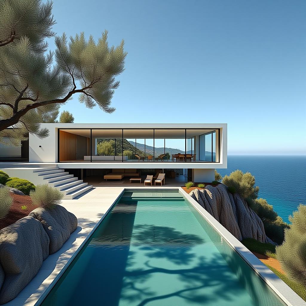  a modern luxury italian house situated on a cliff by the sea, featuring expansive glass walls and an infinity pool, surrounded by olive trees and a mediterranean landscape. the design embodies minimalist elegance with open plan living spaces, rooftop terraces offering panoramic ocean views, styled by bjarke ingels, zaha hadid, and frank gehry, captured in sharp focus with clean lines and intricate details.