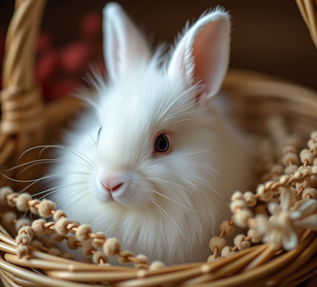  gentle angora rabbit, surrounded by natural fibers in a basket, showcasing its incredibly soft and lightweight fur, creating a sense of comfort and warmth