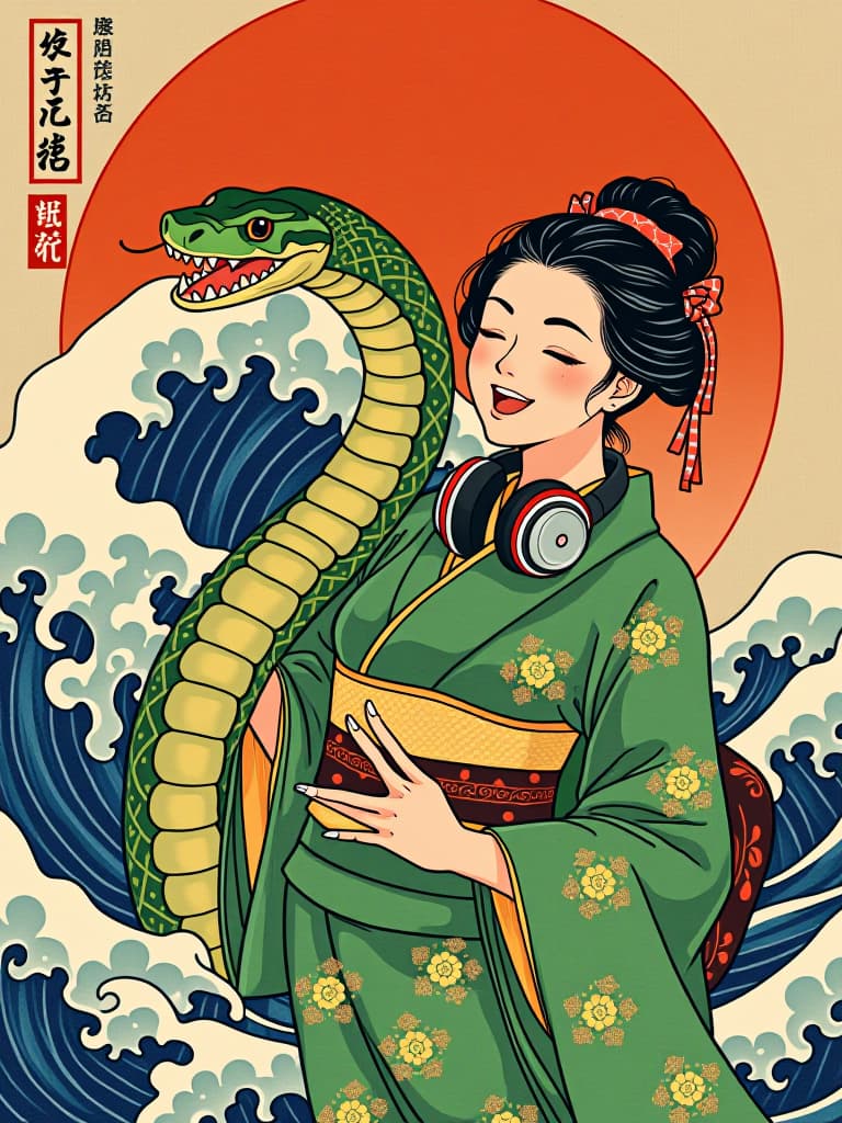  (((green snake:1.3))),(((hokusai katushika))),(((japanese art ukiyoe:1.8))),(((headphone around the neck:2.0))),very loud laugh,(((very joy:1.8))),(((green kimono:1.8)))