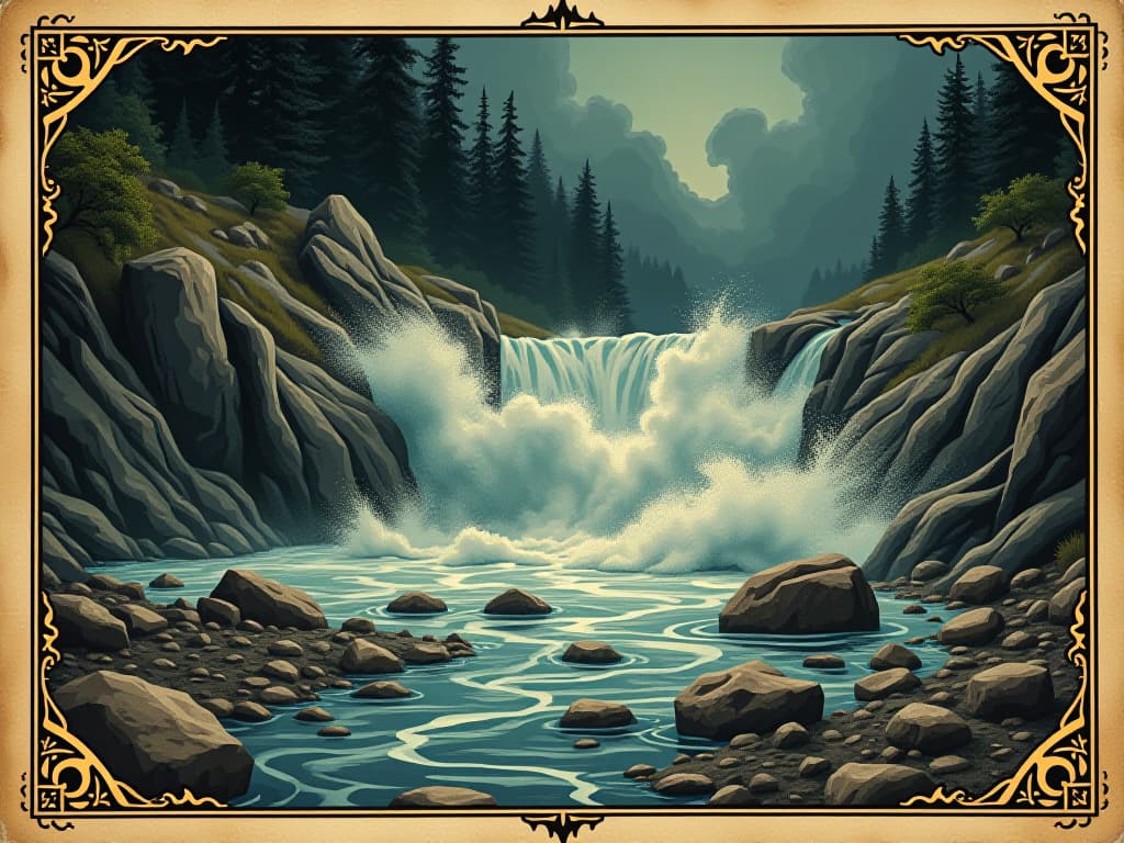  a powerful, uncontrolled river, crashing through rocks and soil, dissipating its energy, turbulent, wasted potential. an illustration in the style of a worn, mystical old tarot trump card, mysterious and elements of surrealism. the colors are muted, somber and eerie, but with contrast bring out an occult and esoteric vibe.