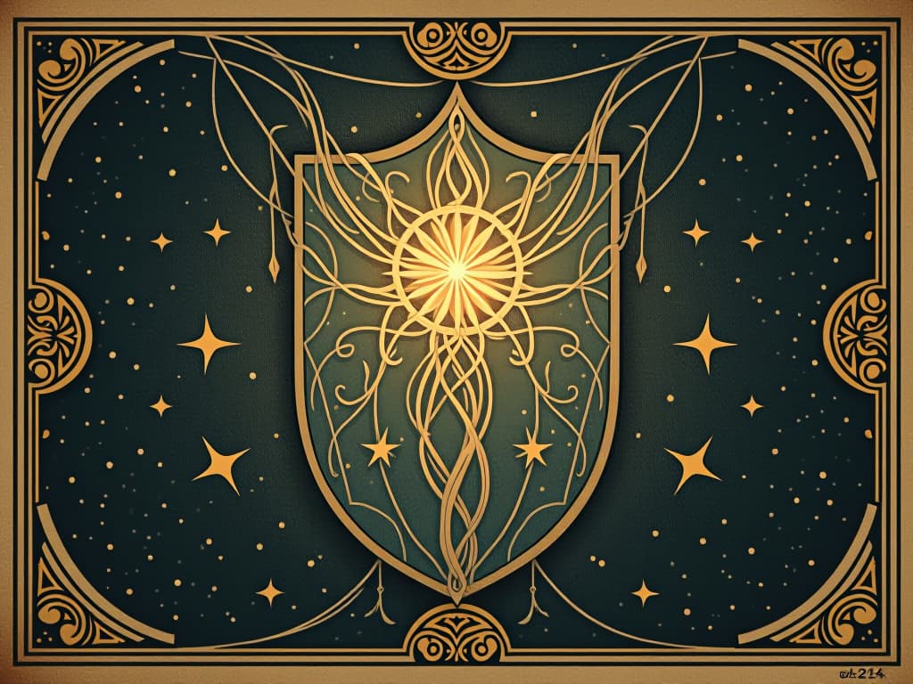  interwoven threads of light, luminous strands weaving into a protective shield, dark starry backdrop, intricate patterns, divine, protective, cosmic guardianship. an illustration in the style of a worn, mystical old tarot trump card, mysterious and elements of surrealism. the colors are muted, somber and eerie, but with contrast bring out an occult and esoteric vibe.