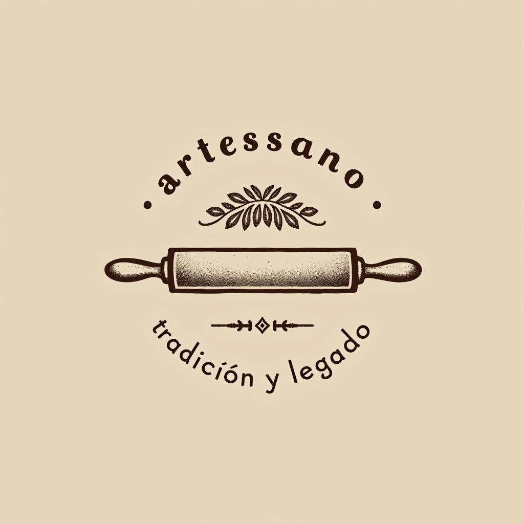  design a logo, in a pencil style. brand: “artessano” simple and elegant design circular design light and brown tones use a rolling pin image, with the text 'tradición y legado'.