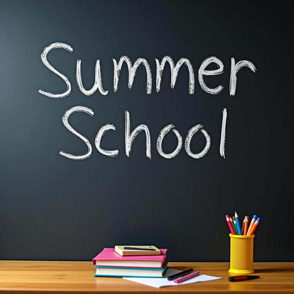  chalkboard with text "summer school" written in chalk school supplies on desk